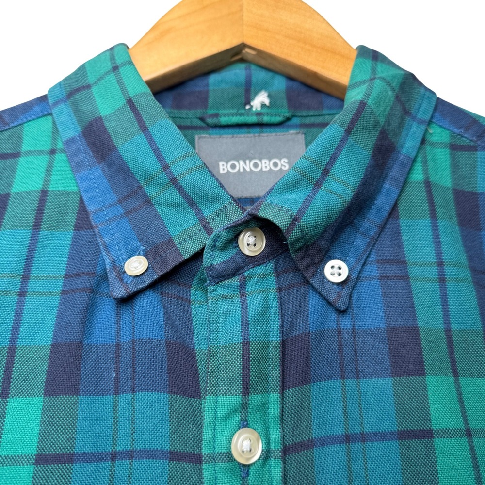 Bonobos Slim Fit Button Down Shirt Mens Medium Blue Green Plaid Cotton Oxford